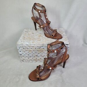 Coach Isabel Studded Strappy Heels Brown Leather Clubwear Sexy Stiletto Size 9B